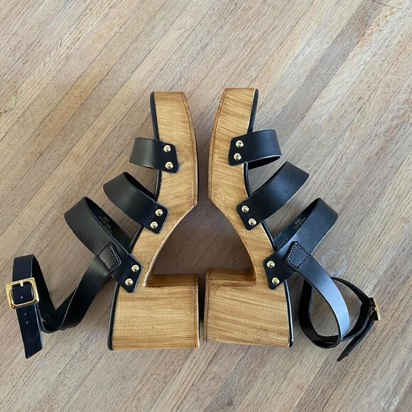 Steve Madden Black Leather Wood Block Heel Strappy Platform Heels Sandals Size 8 - Picture 4 of 8